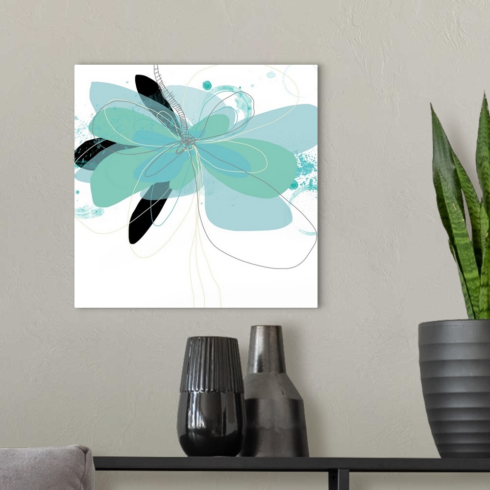 A modern room featuring A contemporary flower floats effortlessly on a white background. Layered in shades of aqua with b...