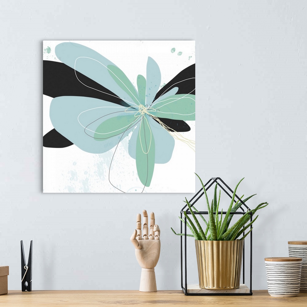 A bohemian room featuring A contemporary flower floats effortlessly on a white background. Layered in shades of aqua with b...