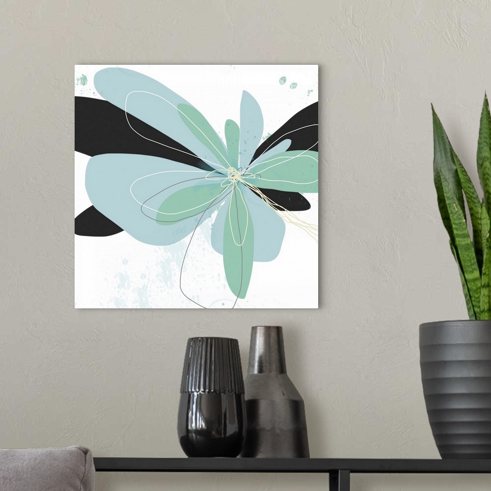 A modern room featuring A contemporary flower floats effortlessly on a white background. Layered in shades of aqua with b...