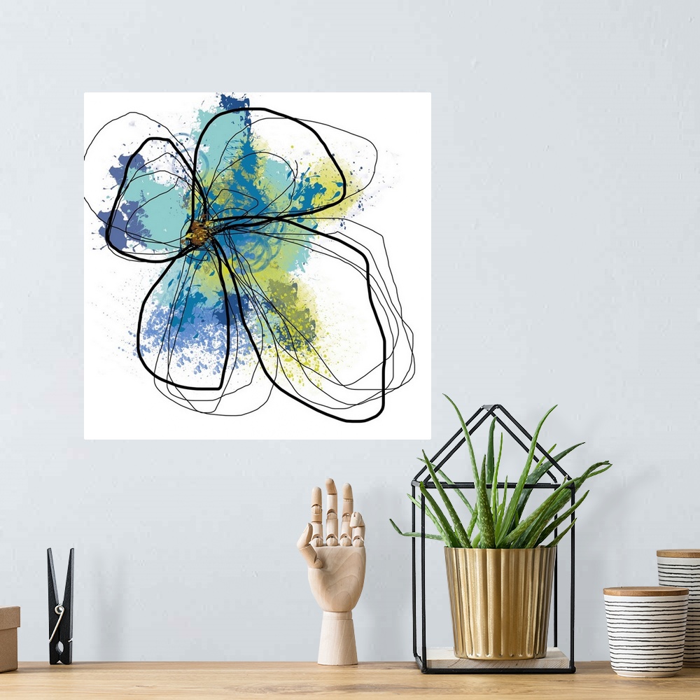 A bohemian room featuring Huge contemporary art shows an outline for the top of a flower with splashes of different cool to...