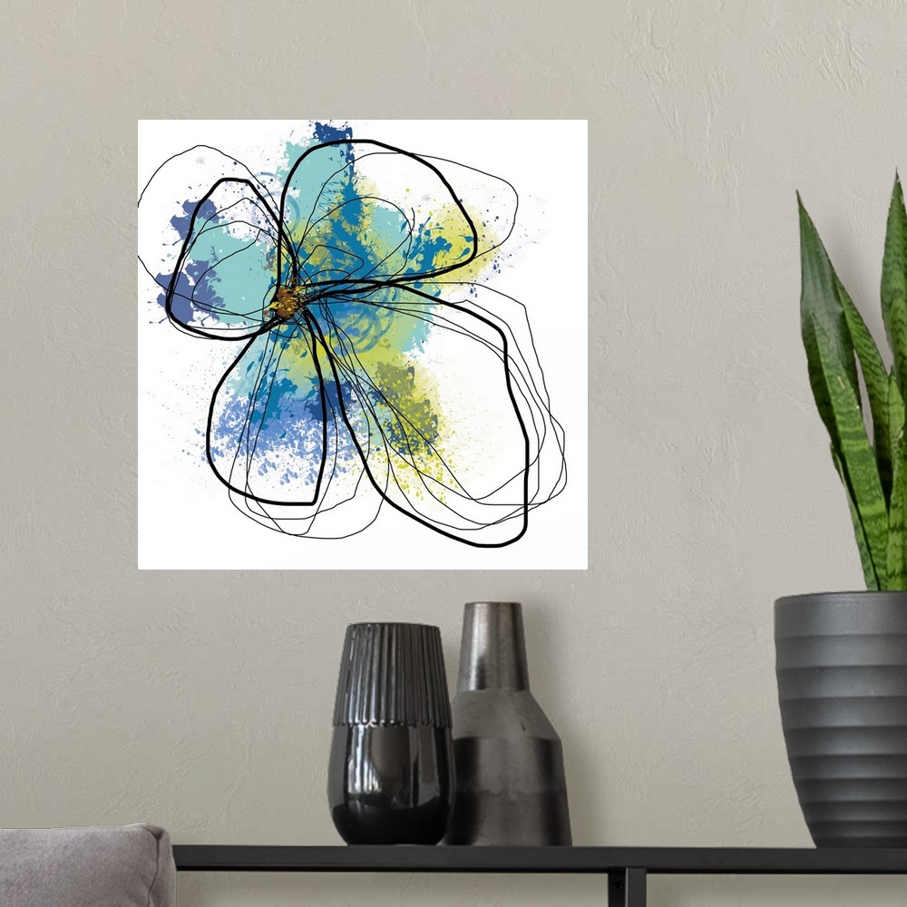 A modern room featuring Huge contemporary art shows an outline for the top of a flower with splashes of different cool to...