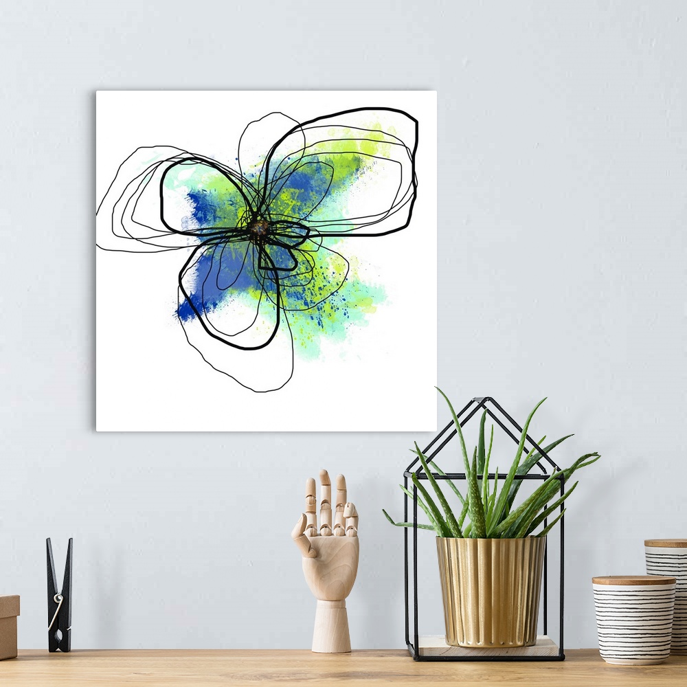 A bohemian room featuring Square abstract painting on canvas of the outline of a flower with various colored paint splashed...