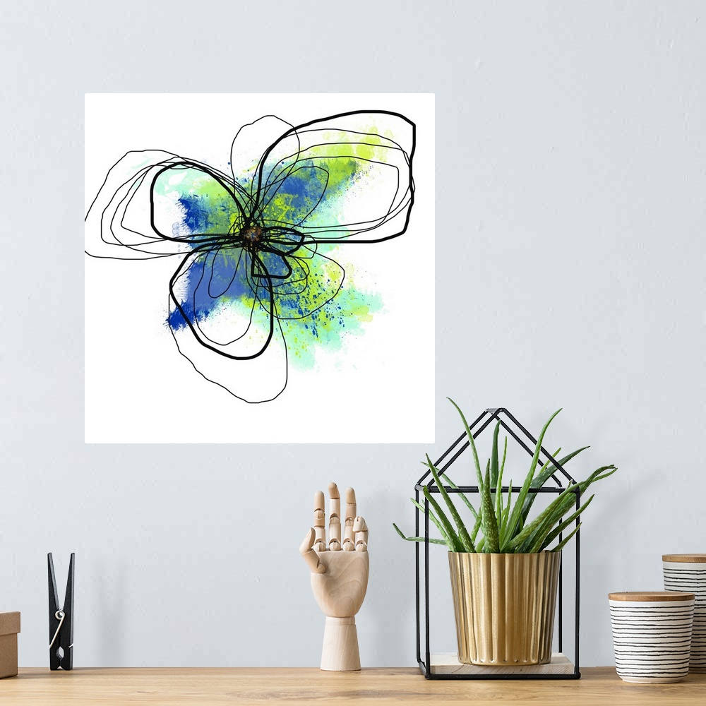 A bohemian room featuring Square abstract painting on canvas of the outline of a flower with various colored paint splashed...