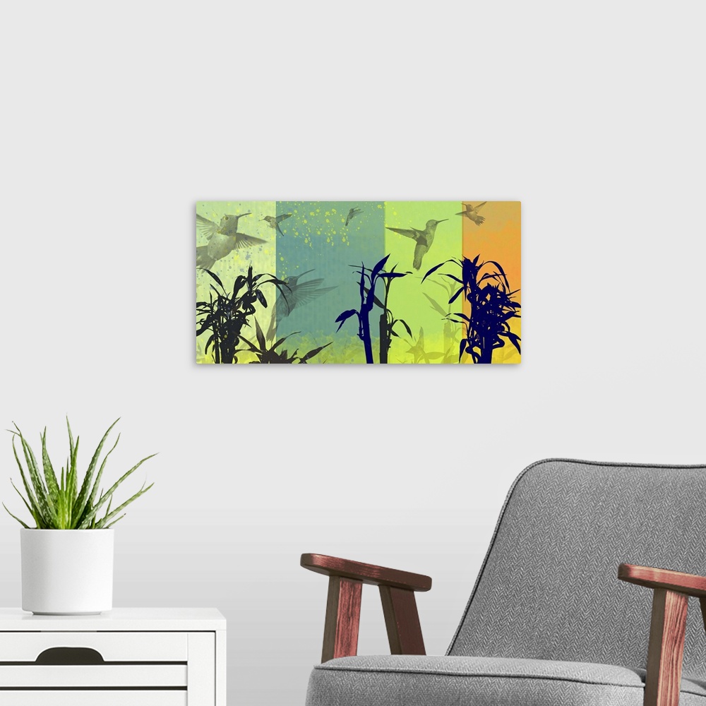 A modern room featuring An abstract piece of artwork with humming birds and bamboo shown. There are four different color ...