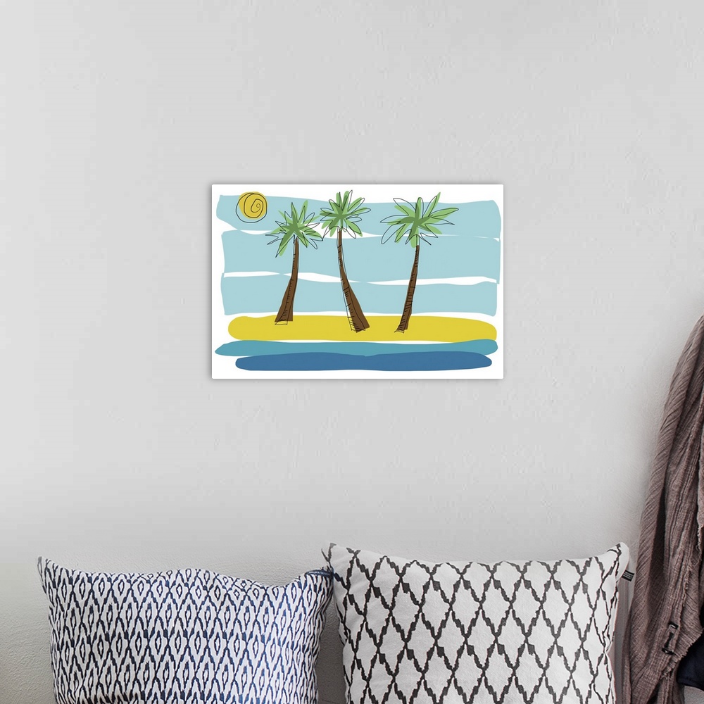A bohemian room featuring Going to the beach with this bright palm tree landscape. Sand and surf meet with three palms. Thi...