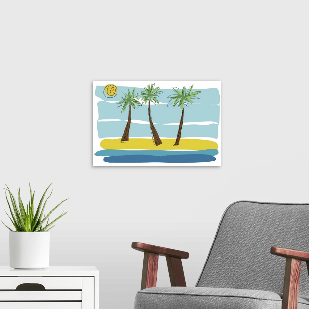 A modern room featuring Going to the beach with this bright palm tree landscape. Sand and surf meet with three palms. Thi...