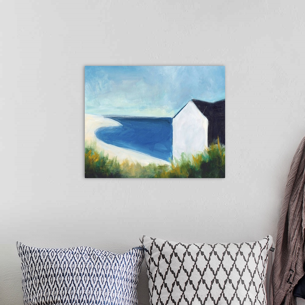 A bohemian room featuring A contemporary abstract painting of the seashore that has a small beach hut on the right side and...