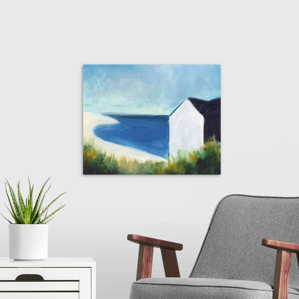 A modern room featuring A contemporary abstract painting of the seashore that has a small beach hut on the right side and...