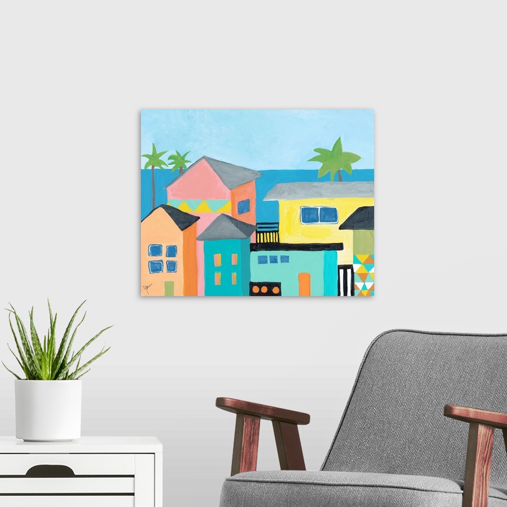 A modern room featuring Contemporary painting featuring several colorful houses on the coast, with the ocean and palm trees.