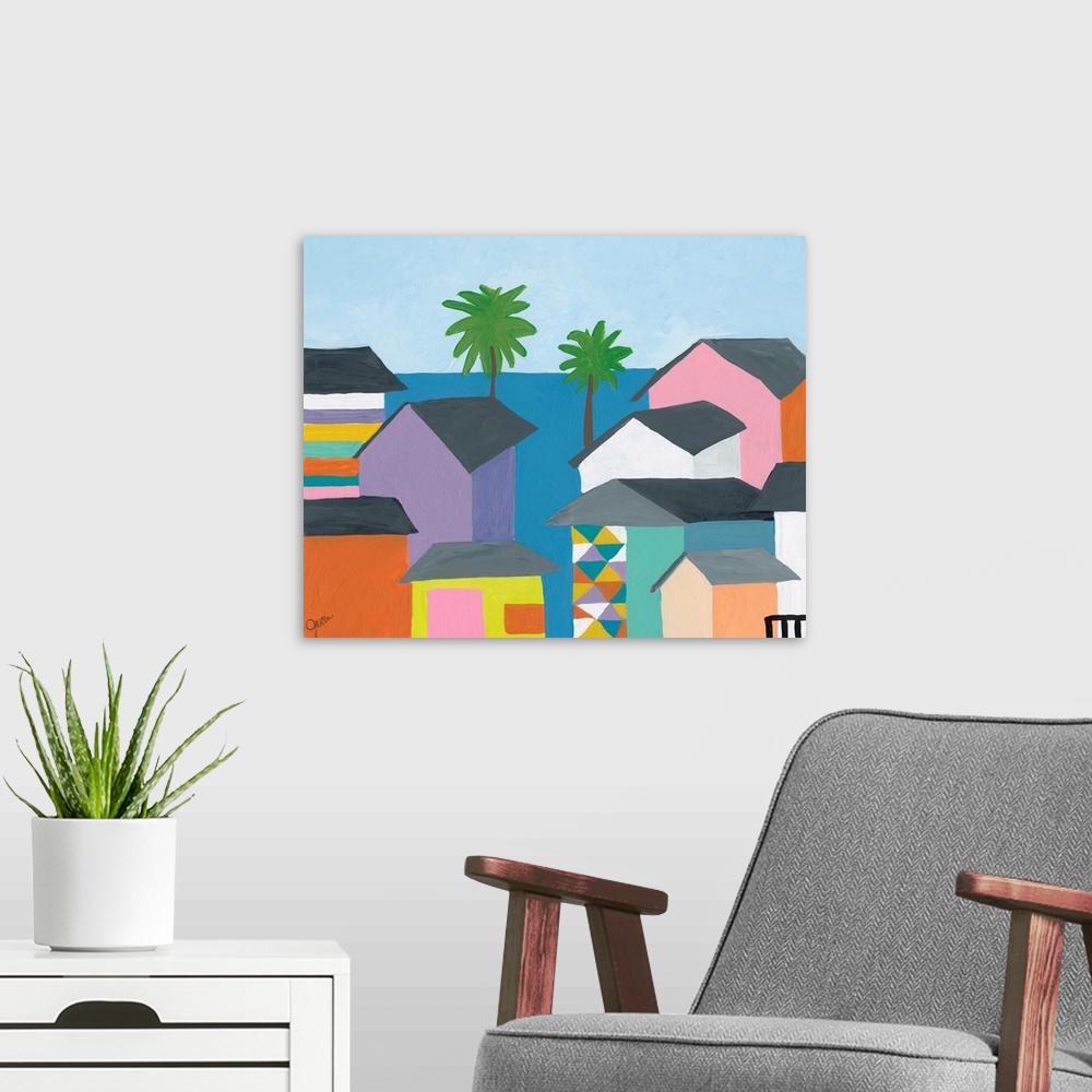 A modern room featuring Contemporary painting featuring several colorful houses on the coast, with the ocean and palm trees.