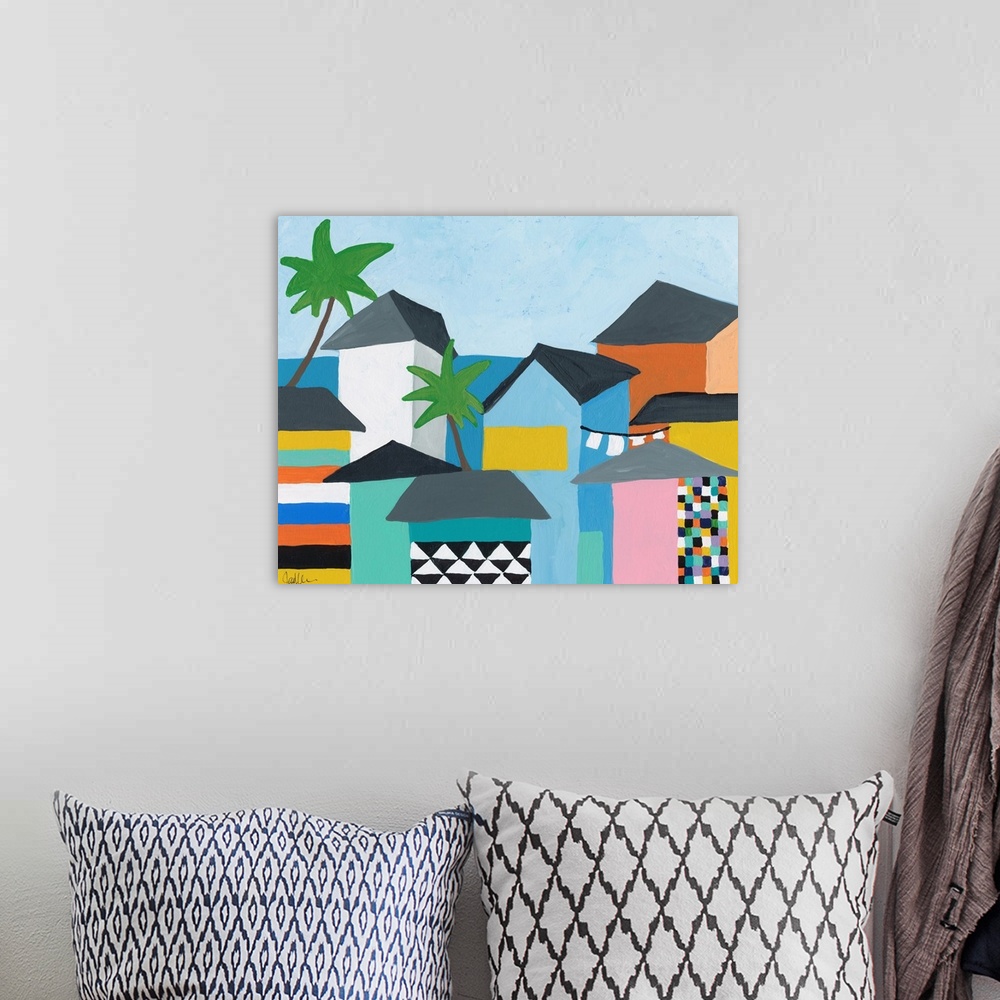 A bohemian room featuring Contemporary painting featuring several colorful houses on the coast, with the ocean and palm trees.