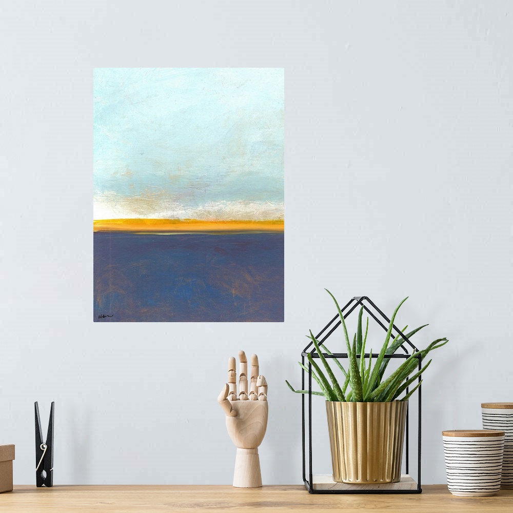 A bohemian room featuring An abstract artwork piece that looks to depict a large blue sky with land and water below. Differ...