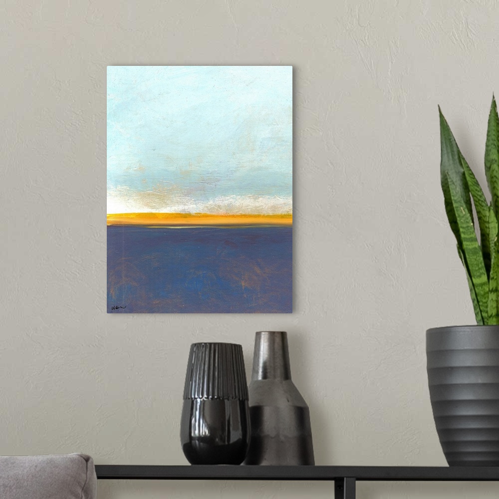 A modern room featuring An abstract artwork piece that looks to depict a large blue sky with land and water below. Differ...