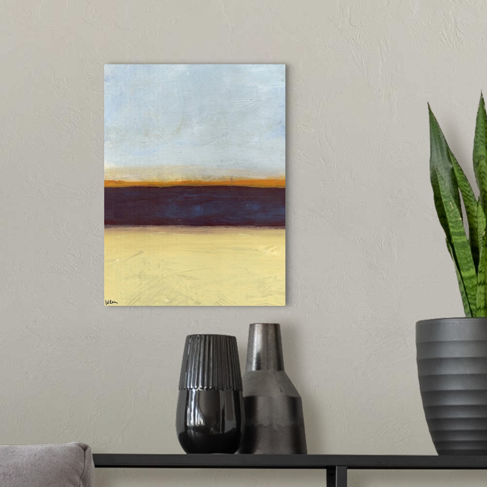 A modern room featuring Abstractly painted gradient of colors with brush stroke texture over top.