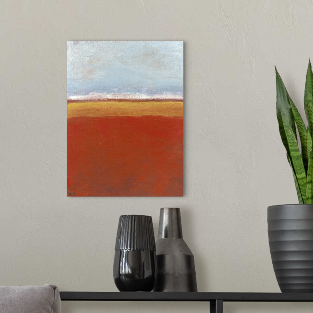 A modern room featuring Contemporary abstract painting of various bars of color painted on canvas.