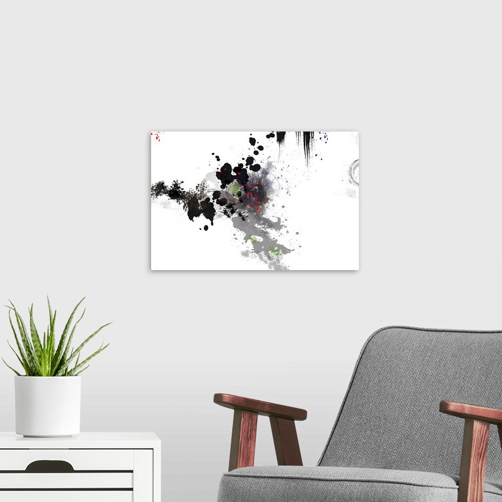 A modern room featuring This is horizontal artwork is made of dribbles of dark paint that vary from dark to light on a bl...