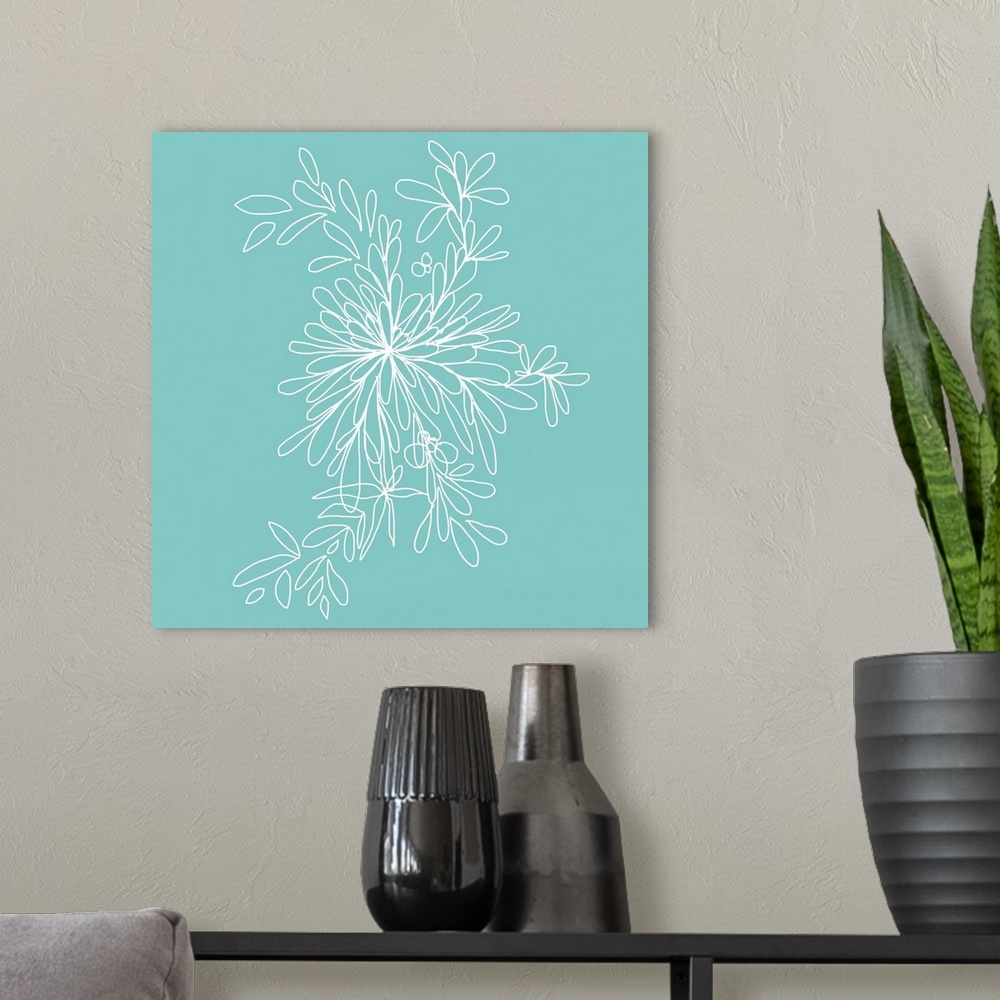 A modern room featuring This is a large piece great for home docor of bright illustrated wildflowers with an aqua backgro...