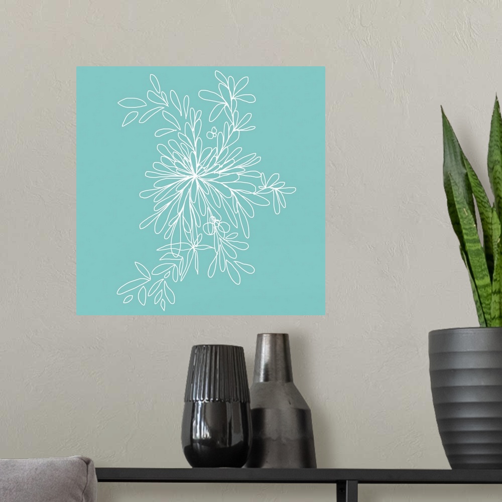 A modern room featuring This is a large piece great for home docor of bright illustrated wildflowers with an aqua backgro...