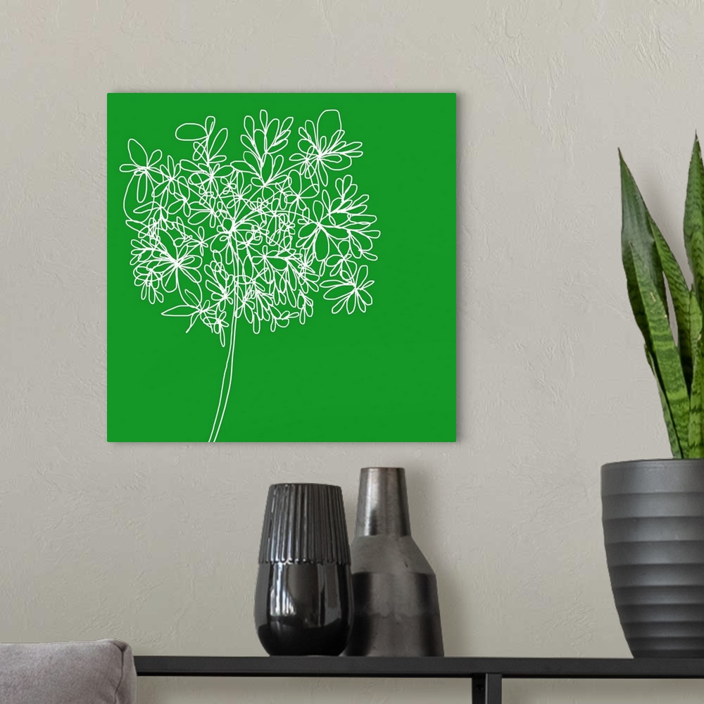 A modern room featuring This is a pop filled group of bright illustrated wildflowers with a emerald green background. Thi...