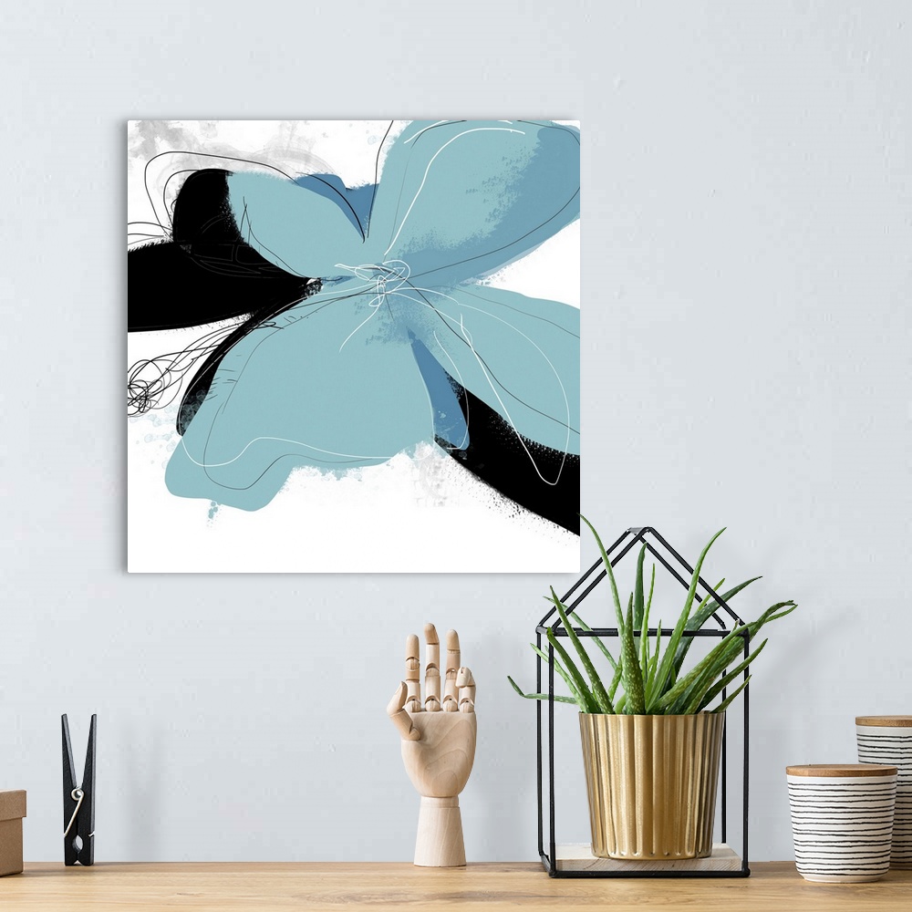 A bohemian room featuring This abstract piece uses light illustration throughout and a dark floral shape in the background ...