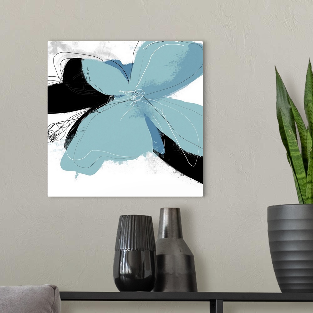 A modern room featuring This abstract piece uses light illustration throughout and a dark floral shape in the background ...