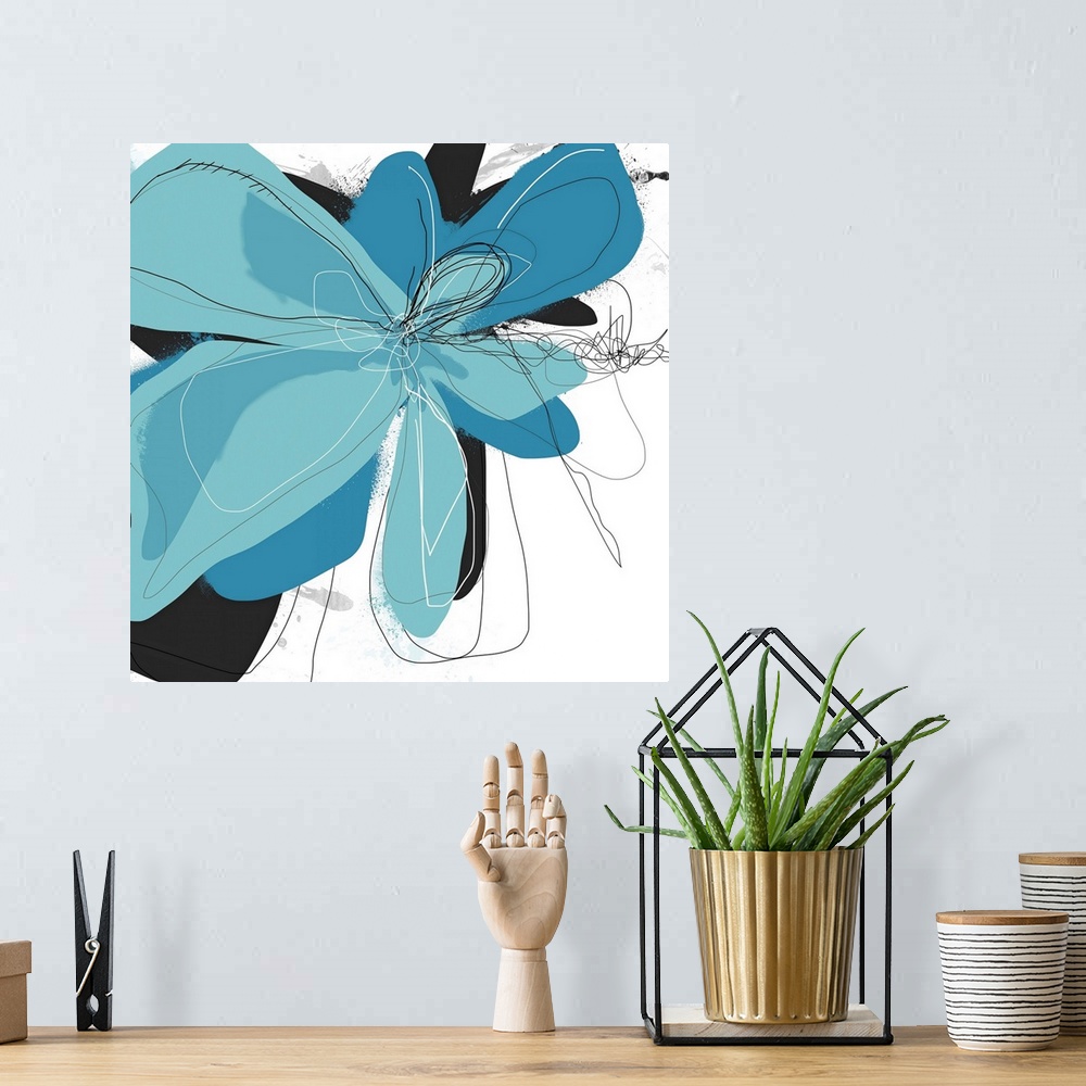 A bohemian room featuring This abstract piece of artwork is of a blue floral with light illustration that is used throughou...