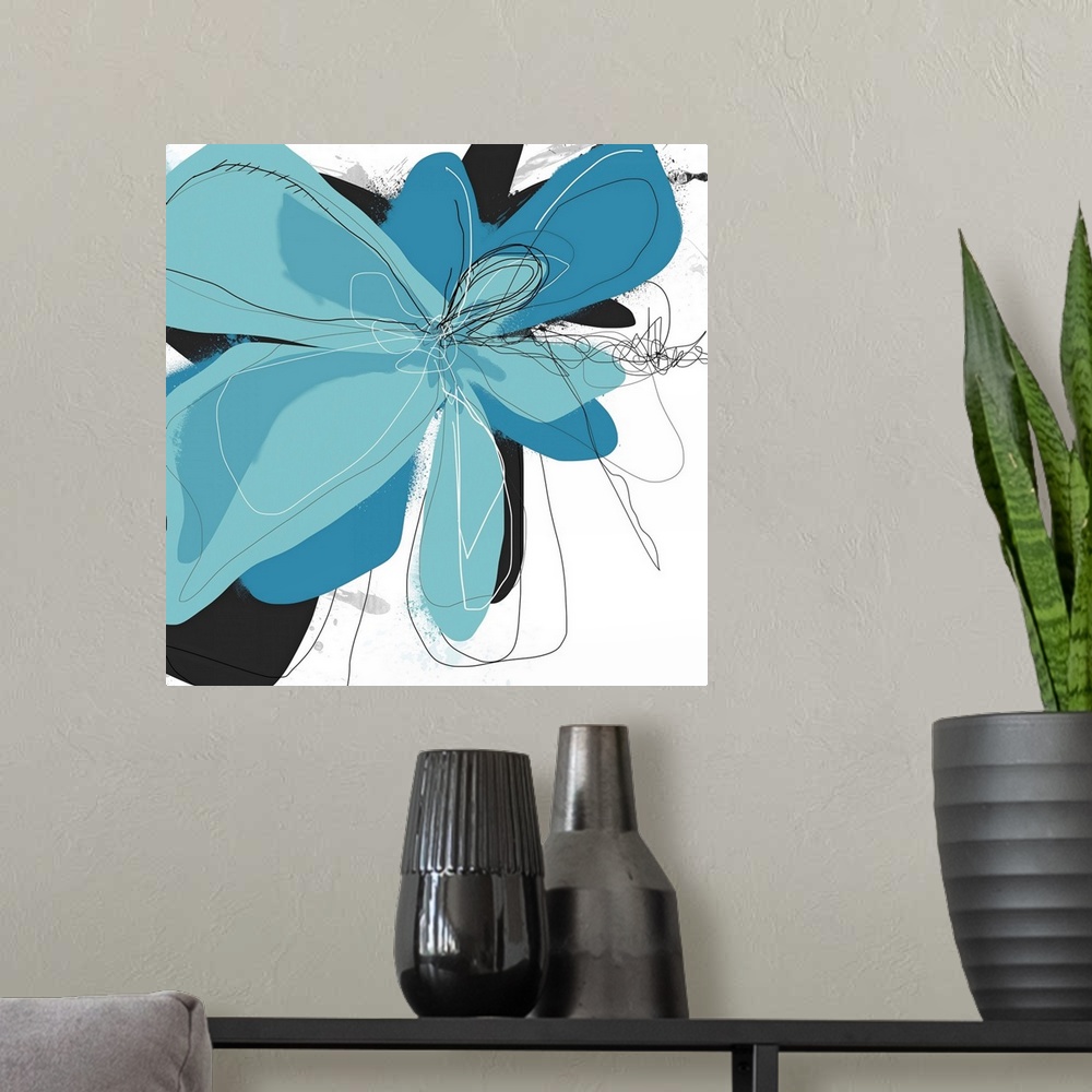 A modern room featuring This abstract piece of artwork is of a blue floral with light illustration that is used throughou...