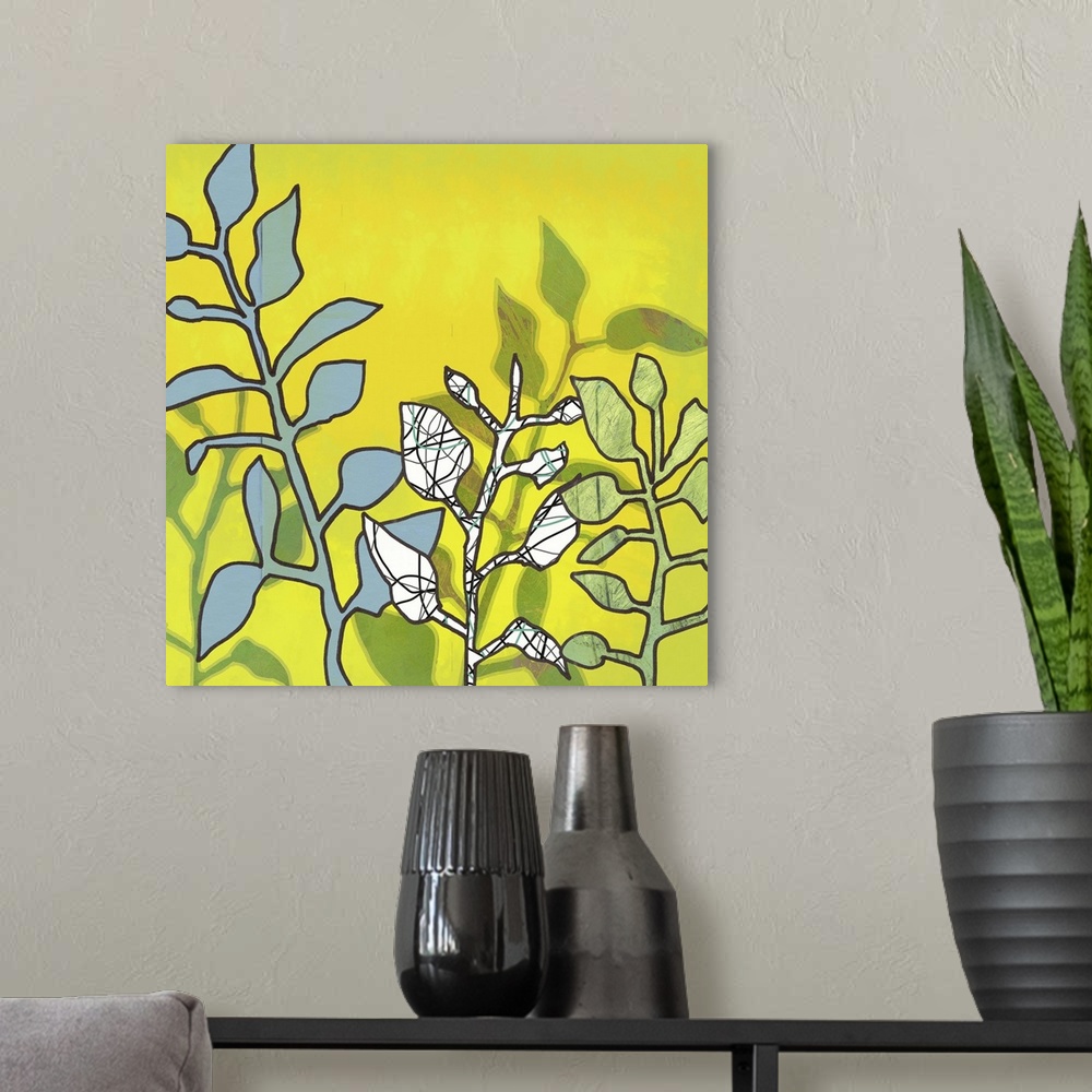 A modern room featuring This framed art print and graphic floral print on demand canvas was created with original illustr...