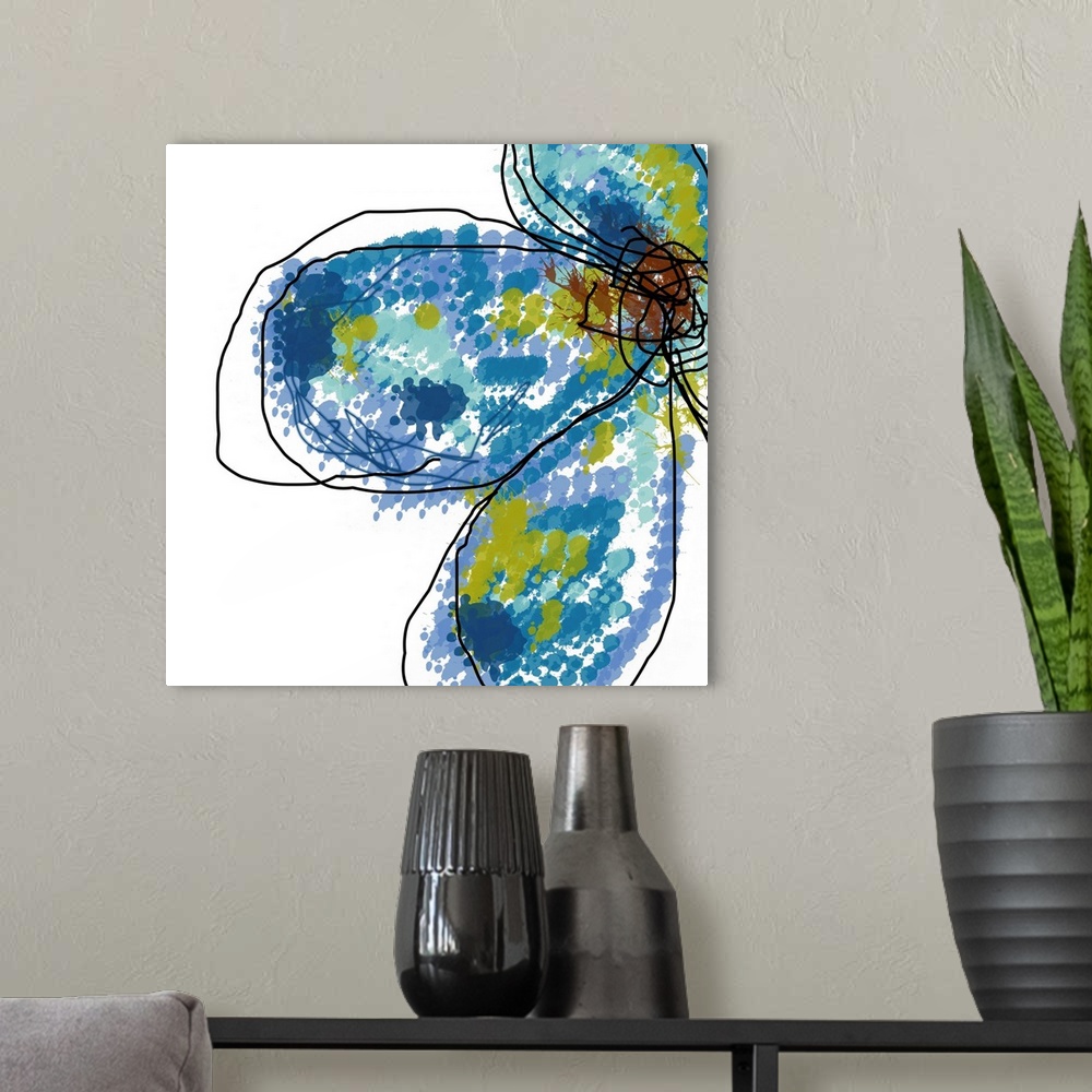 A modern room featuring This square wall art is an abstract digital drawing of a stylized flower.