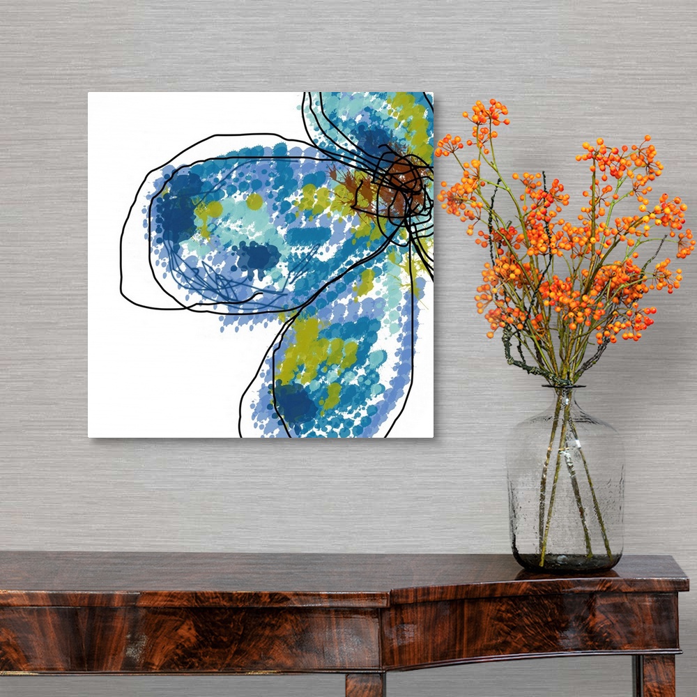 A traditional room featuring This square wall art is an abstract digital drawing of a stylized flower.