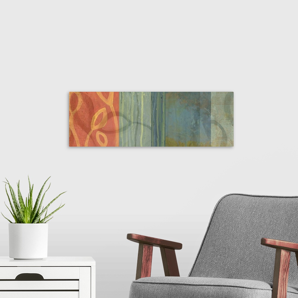 A modern room featuring Oversized, horizontal docor wall art of several acrylic paintings woven together into one large p...