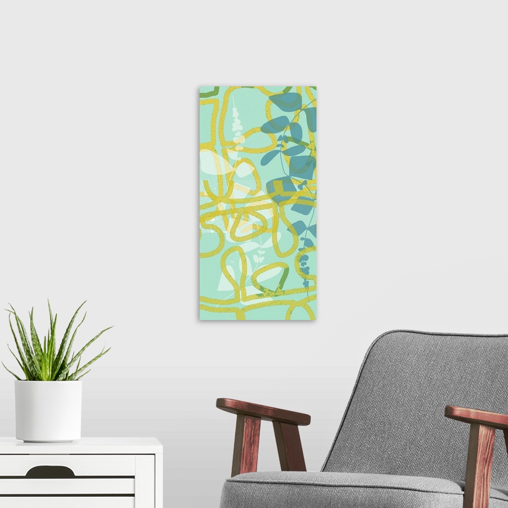 A modern room featuring Abstract art piece of bold yellow lines in looping patterns to represent leaves overtop of shadow...