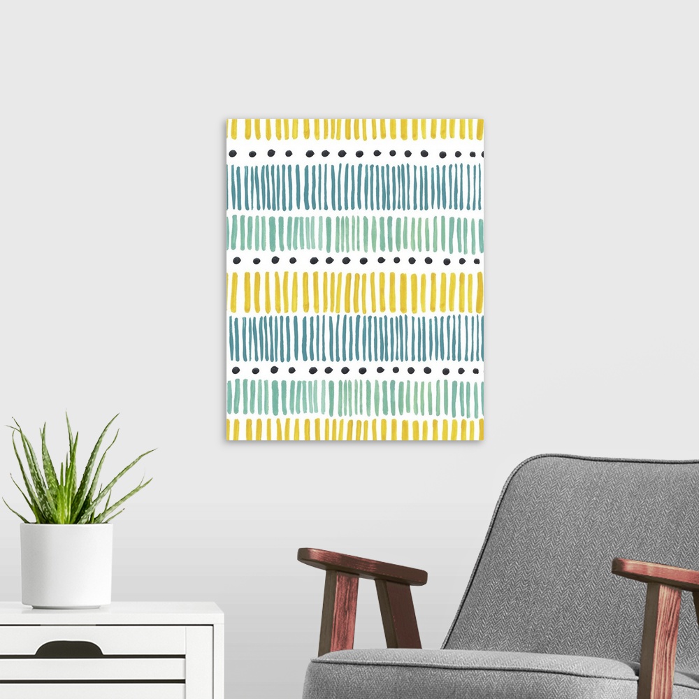 A modern room featuring Abstract artwork made of horizontal layers of stripes and dots in blues and yellows.