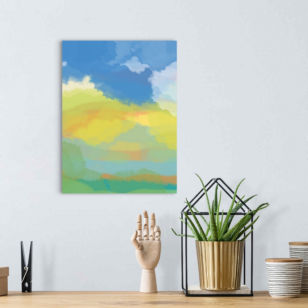 A bohemian room featuring Abstract artwork resembling a deep blue sky over a yellow and green landscape.