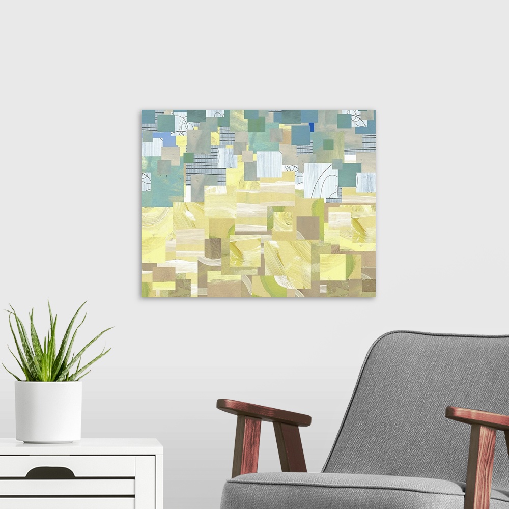 A modern room featuring Large, horizontal, contemporary art for a living room or office of layered squares of various siz...
