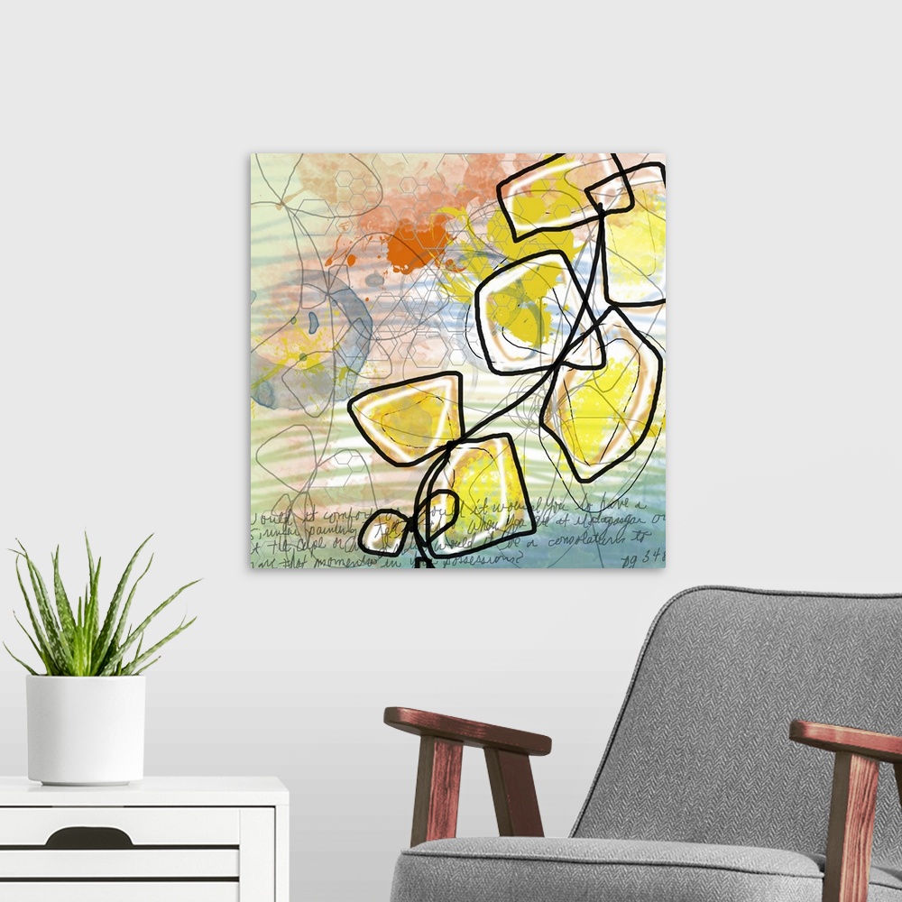 A modern room featuring An abstract piece of energetic colors that are infused with circular lines and eye popping color....
