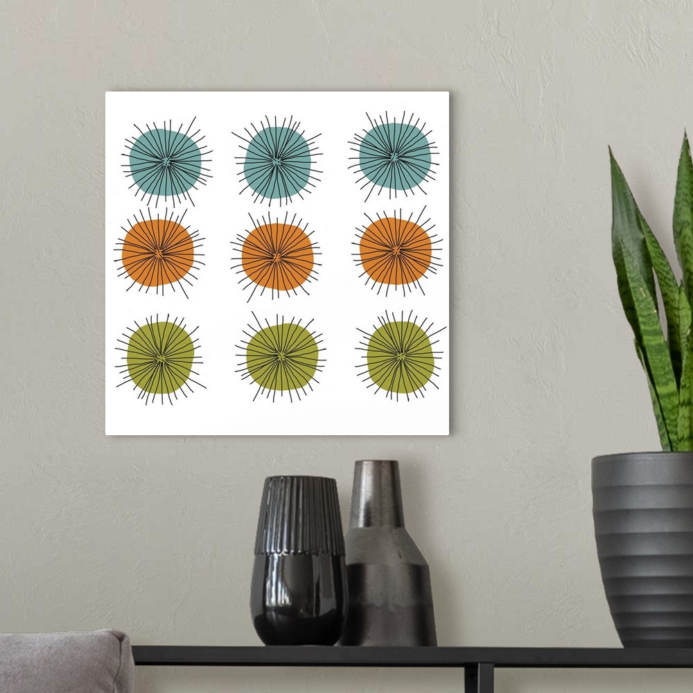 A modern room featuring This art print is inspired by science and cell division. and the retro pop modern colors make a g...