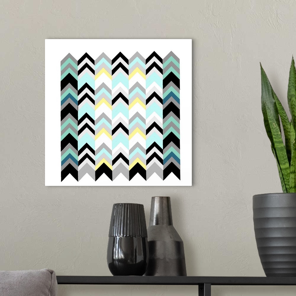A modern room featuring Contemporary multi-colored chevron pattern against a white background.