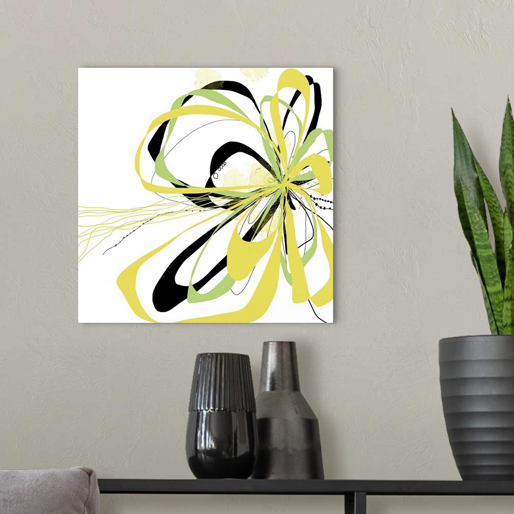 A modern room featuring A bright floral with flowing lines of intertwined colors like yellow, citron and black.