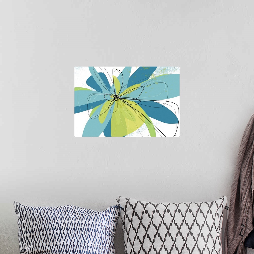 A bohemian room featuring A contemporary abstract of a flower with yellow-green, green, and teal with squiggly black lines ...