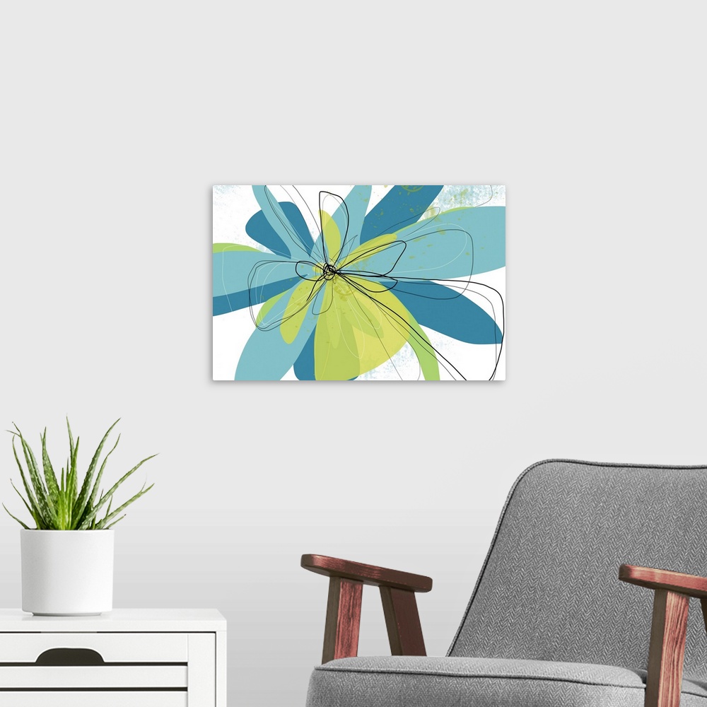 A modern room featuring A contemporary abstract of a flower with yellow-green, green, and teal with squiggly black lines ...