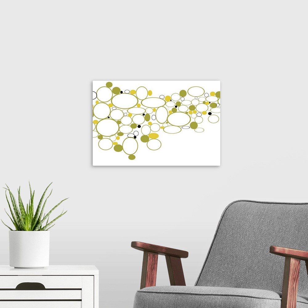 A modern room featuring A digitally created piece with a nature theme of a dry creek bed with calm citrus tones. This pie...