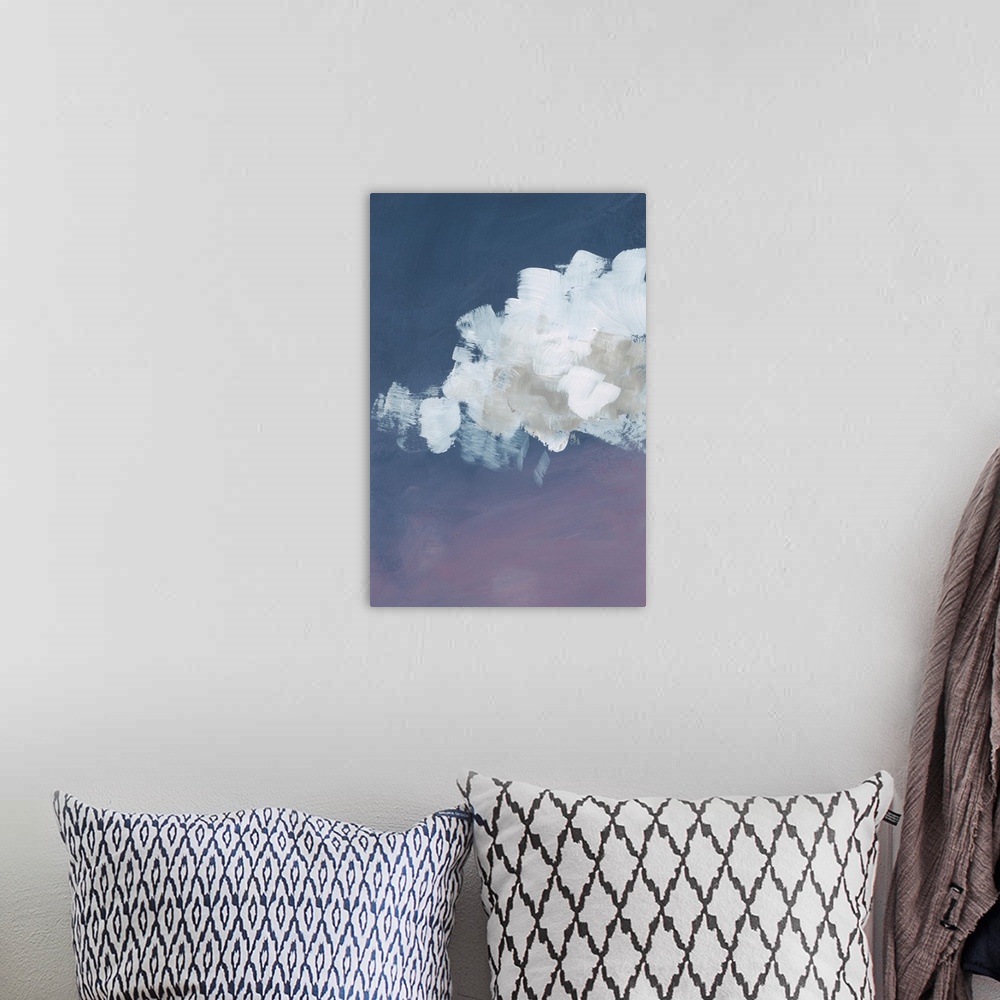 A bohemian room featuring Contemporary artwork of fluffy white clouds against a gradated indigo background.
