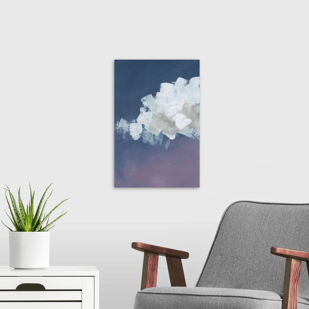 A modern room featuring Contemporary artwork of fluffy white clouds against a gradated indigo background.
