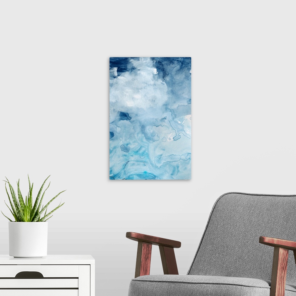 A modern room featuring Contemporary artwork featuring watercolor droplets and brush strokes to create a cloudscape in sh...