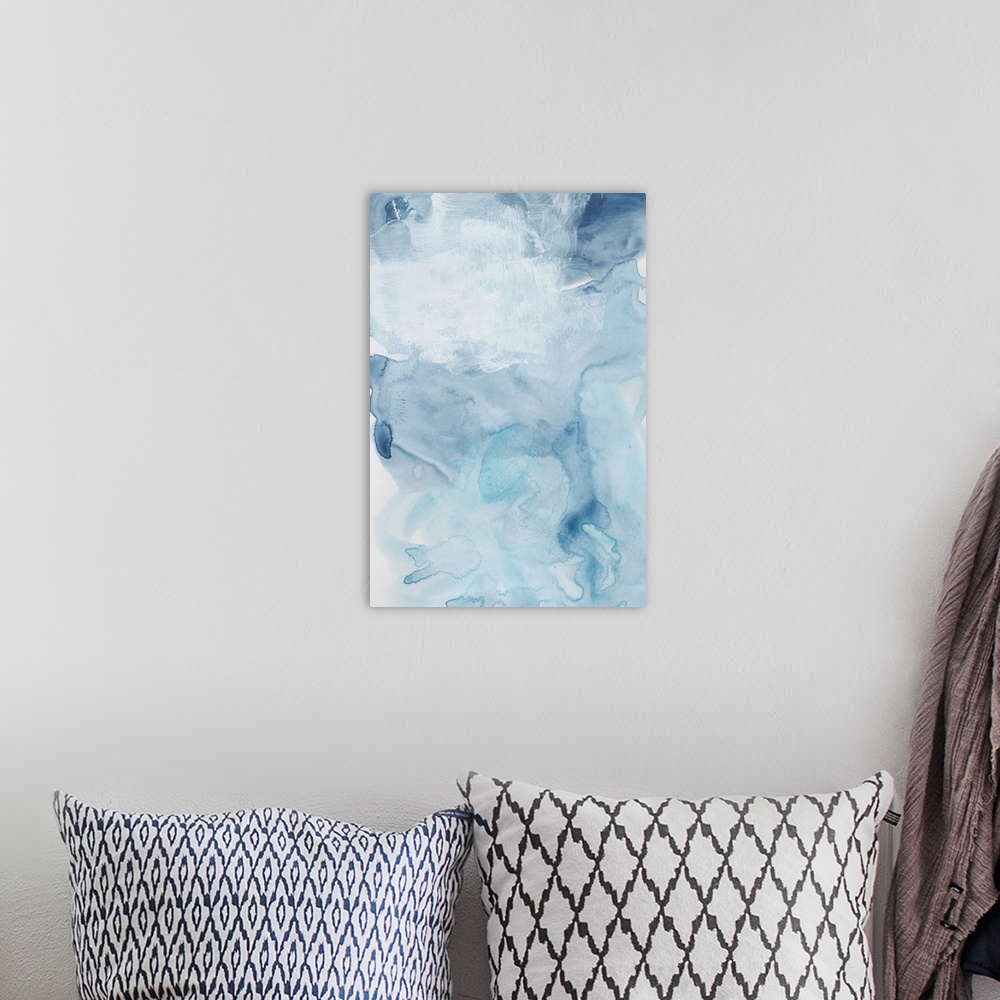 A bohemian room featuring Contemporary artwork featuring watercolor droplets and brush strokes to create a cloudscape in sh...