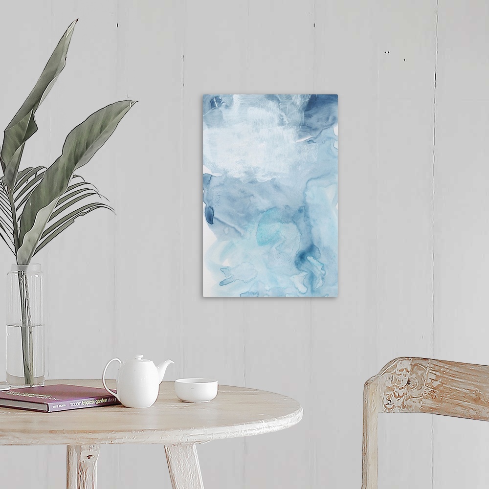 A farmhouse room featuring Contemporary artwork featuring watercolor droplets and brush strokes to create a cloudscape in sh...