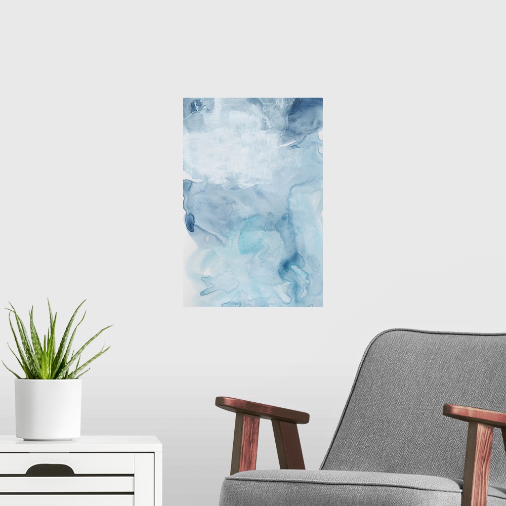 A modern room featuring Contemporary artwork featuring watercolor droplets and brush strokes to create a cloudscape in sh...