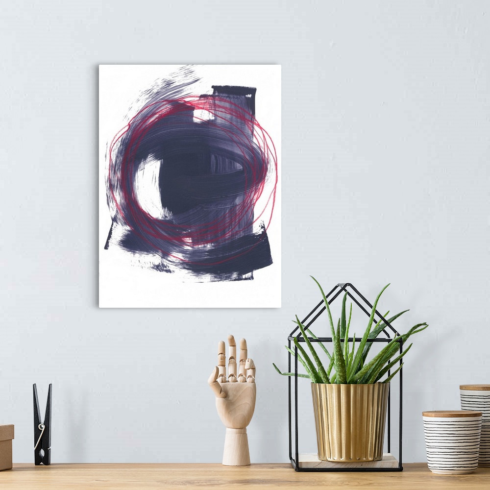 A bohemian room featuring Abstract painting of multiple red circles intertwining, with strokes of paint in dark purple on t...