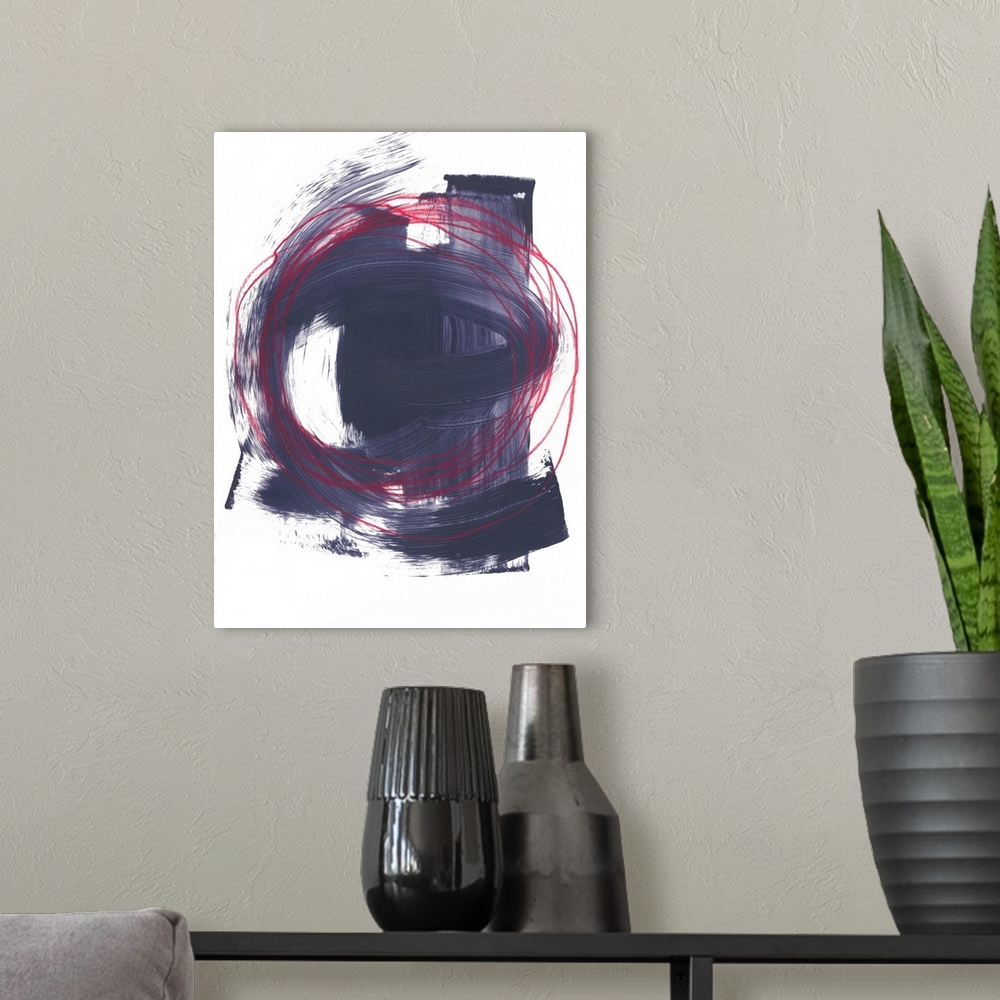 A modern room featuring Abstract painting of multiple red circles intertwining, with strokes of paint in dark purple on t...